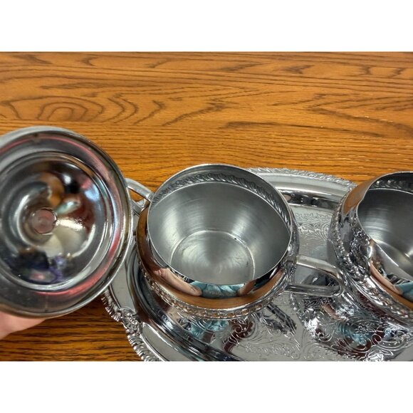 Irvinware Chromeware Cream And Sugar Set With Tray Made In USA Vintage 1970s - Picture 7 of 12